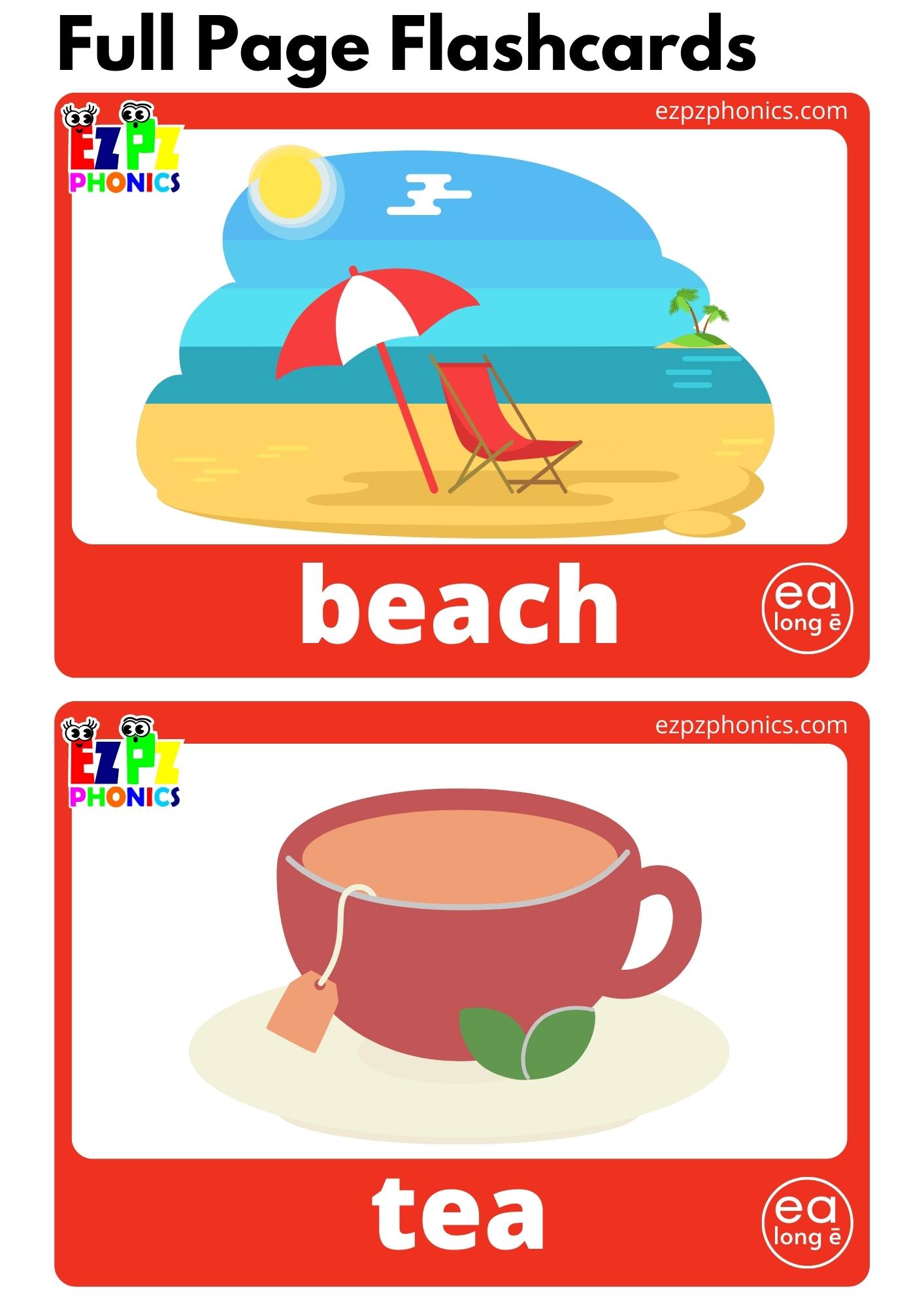 ea Words List Long E Vowel Sounds Flashcards with Images and Words Free PDF Download or View Online for Teaching Phonics to Kindergarten and ESL Students